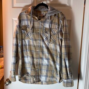 Free Plant Men’s Plaid Long Sleeve Shacket Grey Hood button down Size Large